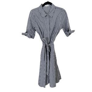 Calvin Klein Navy Gingham Cotton Shirtdress with Waist Tie – Size 8, NWT